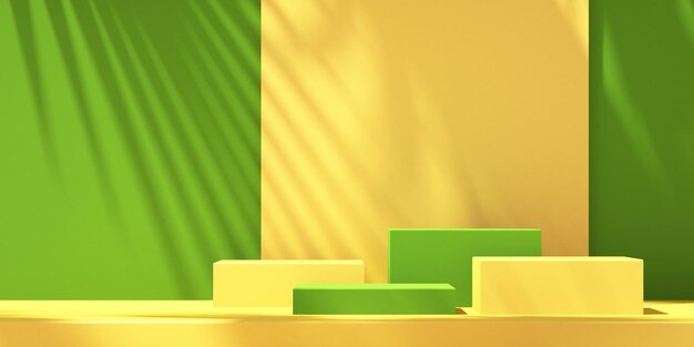 Wyświetlacz makiety podium produktu na zielonym i żółtym tle z cieniami drzew na tle letnim ilustracja renderingu 3D