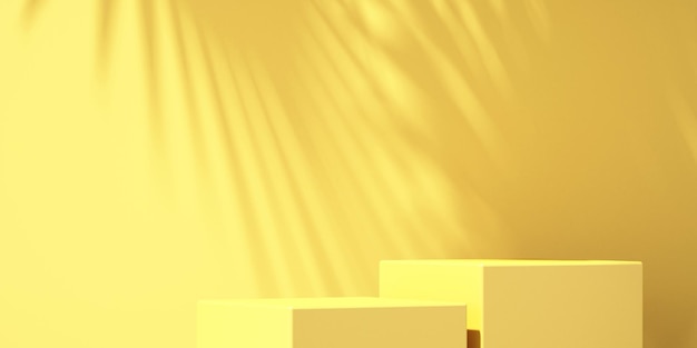 Wyświetlacz makiety podium produktu na żółtym tle z cieniami drzew na tle letnim ilustracja renderingu 3D