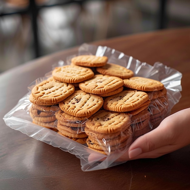 Wyświetlacz plików cookie Słodkie ciasteczka starannie zapakowane w plastikowe opakowanie dostosowane do rozmiaru postu w mediach społecznościowych
