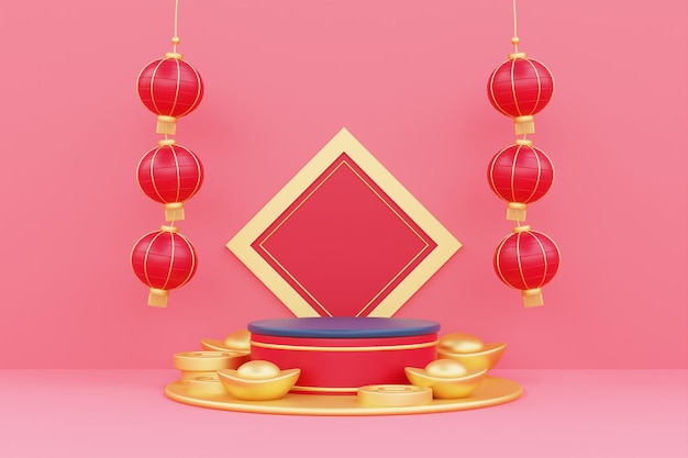 Wyświetlacz podium 3D dla koncepcji chińskiego nowego roku na czerwonym tle Chińskie festiwale Lunar CYN 2023 renderowanie 3d