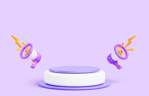 Wyświetlacz podium 3D z megafonem lub megafonem na fioletowym tle Pusta platforma sceniczna dla marketingu cyfrowego wiadomości online promocja w mediach społecznościowych