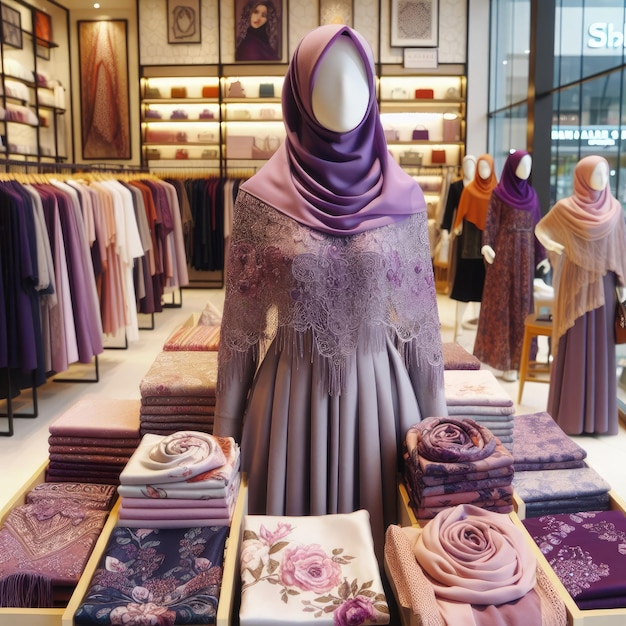 Wyświetlacz szalików i szalików w muzułmańskim sklepie z odzieżą z manekinem w fioletowym hidżabie