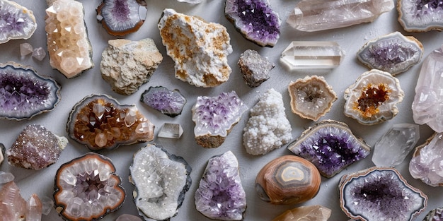 Wyświetlacz zbioru różnych naturalnych kamieni szlachetnych i kryształów