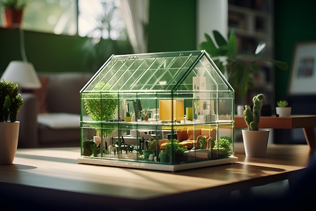 Zdjęcie wyświetlacz zrównoważonego życia w miniaturze zielonego domu z agentem i klientami kończącymi umowę hipoteczną