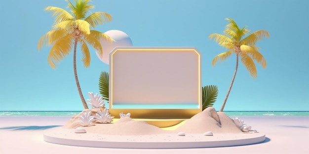 Wyświetlaj podium na plaży z palmami i piaskiem Stworzone przy użyciu technologii generatywnej AI