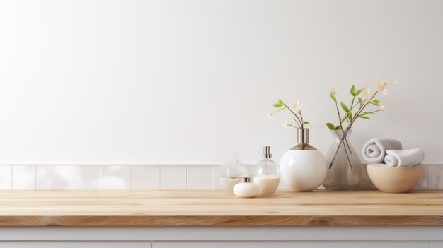 Wyświetlaj swoje produkty na pustym drewnianym stole, uzupełnionym rozmytym tłem wnętrza łazienki