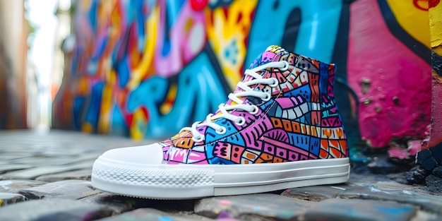 Zdjęcie wyświetlanie nowoczesnego płaskiego projektu butów w dynamicznym miejskim tle graffiti concept shoe design urban backdrop graffiti art modern style dynamic presentation