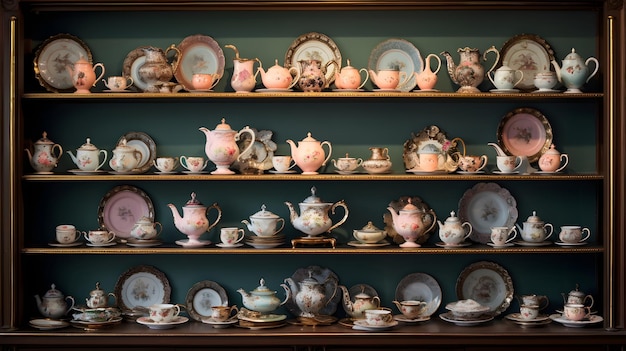 Wyświetlanie ozdobnych zestawów herbaty z delikatnymi porcelanowymi kubkami i talerzami ułożonymi w harmonijnym porządku
