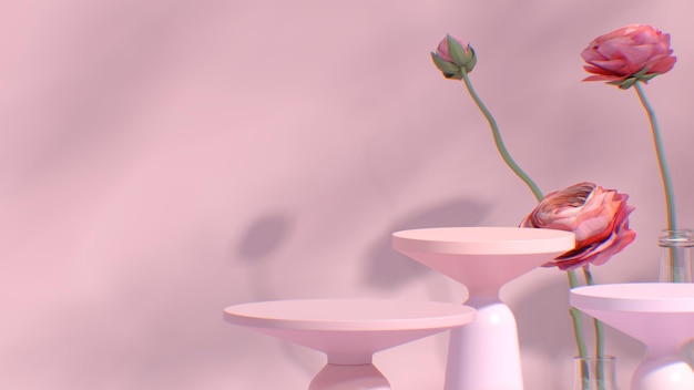 Wyświetlanie podium 3D pastelowe różowe tło z kwiatami róży Różowy kwiat i szklany wazon