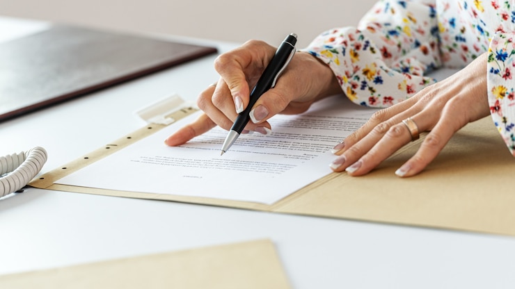 Zdjęcie wyświetlić zbliżenie businesswoman korekty umowy następujące wiersze za pomocą pióra.
