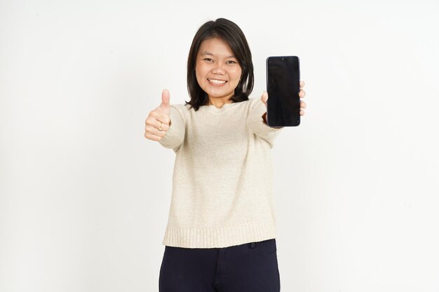 Wyświetlono na pustym ekranie smartfona piękne azjatyckie kobiety na białym tle
