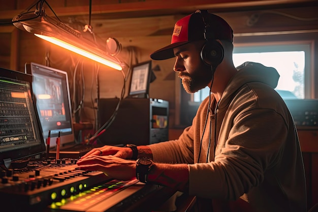 wytatuowany dj mężczyzna pracujący w muzyce w studiu nagraniowym z komputerem