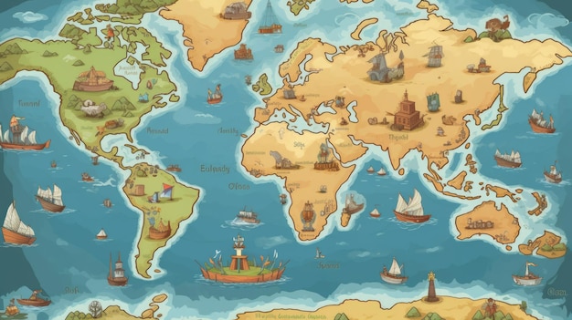 Wytłoczona Pełna Mapa Świata W Stylu Cartoon