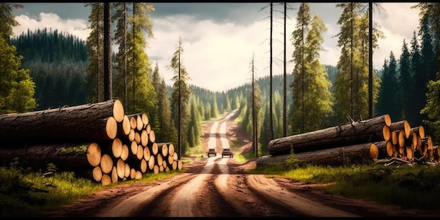 Wytnij kłody drzew przy drodze w lesie