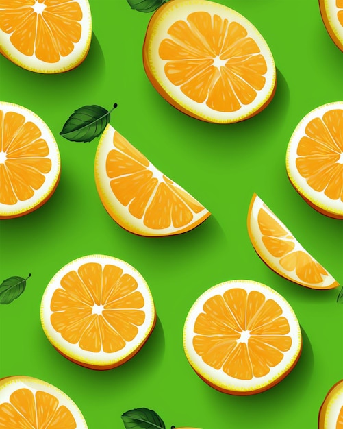 Wytnij pomarańcze na zielonym tle wygenerowanym przez AI