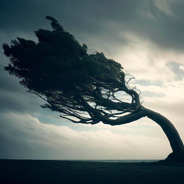Wytrzymałe, samotne drzewo zgięte na wietrze