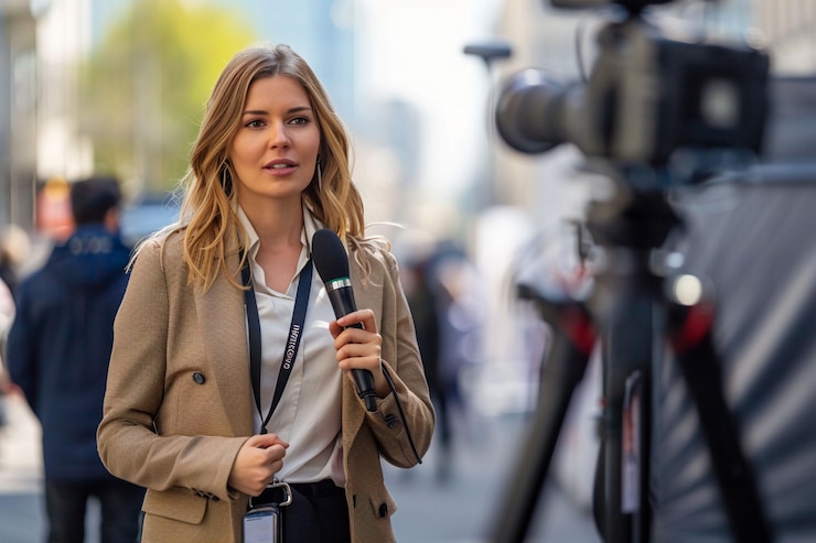 Zdjęcie wywiad z reporterem w środowisku miejskim