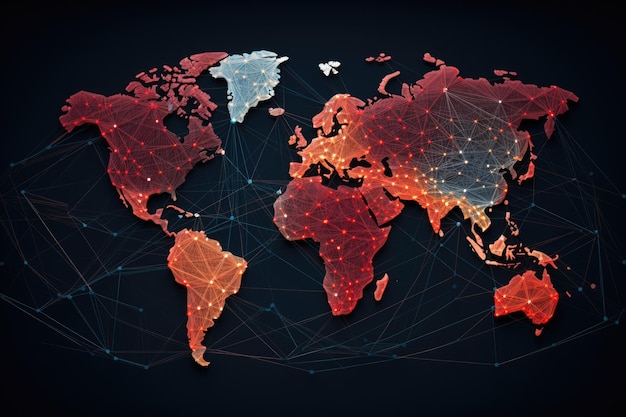 Wzajemne połączenia sieci globalnych zilustrowane jako mapa świata koncepcja globalnych sieci i komunikacji Ai generowana