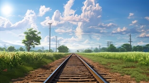Wzdłuż torów kolejowych jest krajobraz z pociągiem