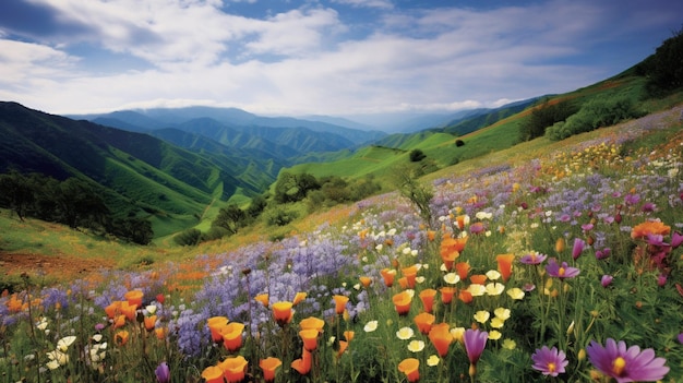 Wzgórze pokryte kolorowymi dzikimi kwiatami