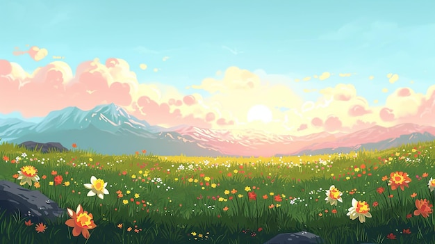 wzgórze w stylu kreskówki z kolorowymi kwiatami i niebem
