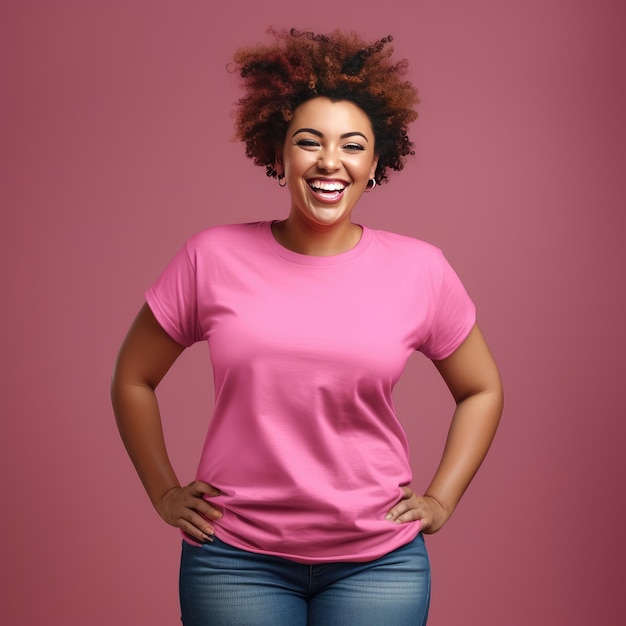 Wzmacniająca pewność siebie kobieta plus size z naturalną fryzurą w pustej różowej koszulce z okrągłym dekoltem