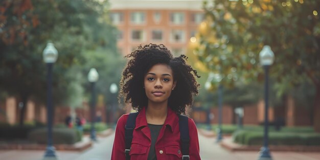 Zdjęcie wzmocniona czarna kobieta bez lęku porusza się po tętniącym życiem kampusie concept cultural identity college life empowerment black excellence campus adventures