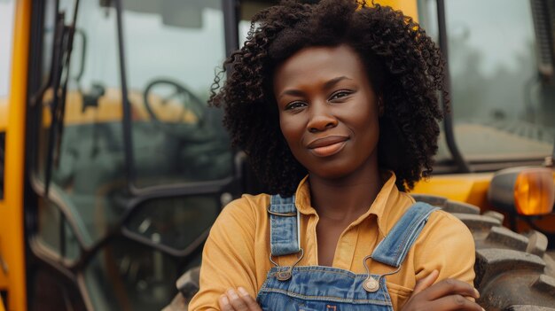 Zdjęcie wzmocniona rolnictwo zaufa afro-kobiety farmer stoją za maszynami rolniczymi