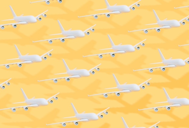 Zdjęcie wzór białych samolotów na żółtym tle podróż i lato koncepcja ilustracja 3d