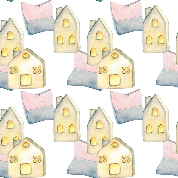 Wzór Ceramiczne domy latarnie poduszki Akwarela ilustracja wnętrza salonu Clipart Elementy wystroju domu na białym tle