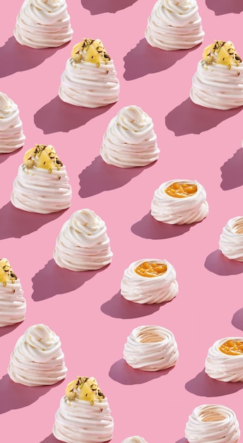 Wzór deseru Pavlova na różowym tle pionowe zdjęcie jedzenia.