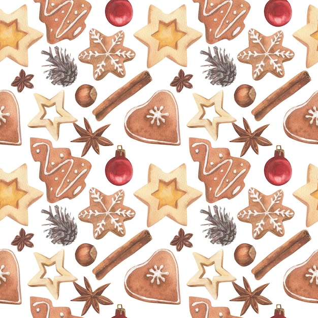 Zdjęcie wzór elementów świątecznych narysowanych akwarelami ciasteczka i przyprawy