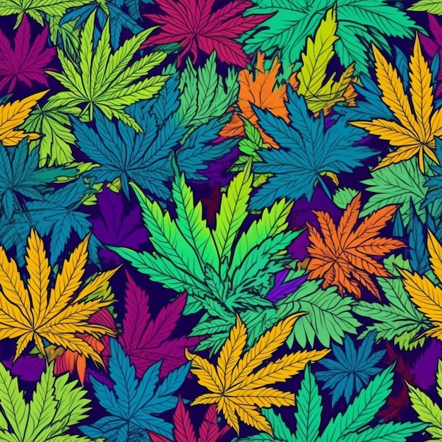 wzór kolorowych liści marihuany na ciemnym tle generatywnej AI