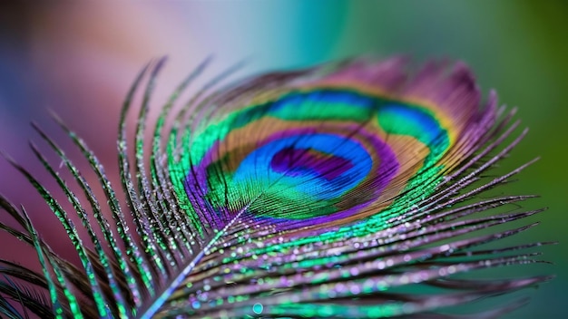 Wzór kropli wody na powierzchni kolorowego pióra pawia