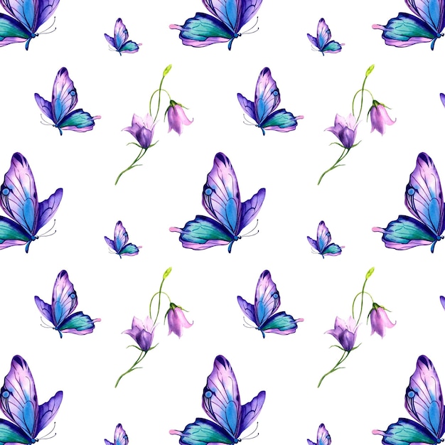 Wzór motyli morpho i dzwonka Akwarela ilustracja na odosobnionym tle Wielobarwne skrzydła fioletowo-różowy pomarańczowy Zwierzęta dzika przyroda