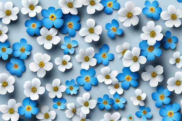 Wzór niebiesko-białych kwiatów z żółtym środkiem.