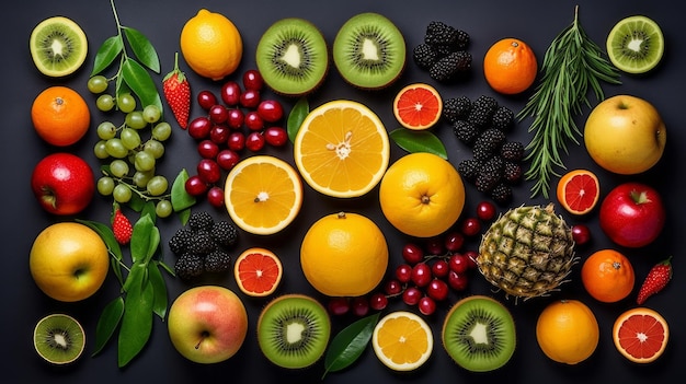 Wzór owoców i jagód na ciemnoszarym tle Płaska konstrukcja Świeże owoce