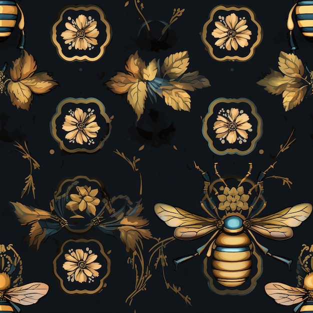 wzór pszczół i pszczół z pszczołami na czarnym tle.
