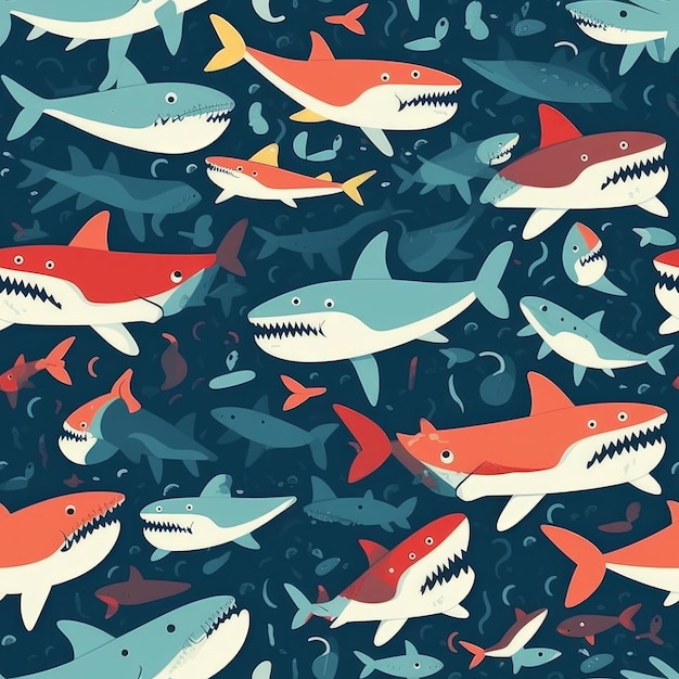 Wzór rekinów i rekinów w kolorze niebieskim i czerwonym