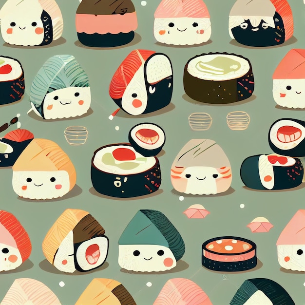 Wzór sushi z twarzą kota i twarzą kota.