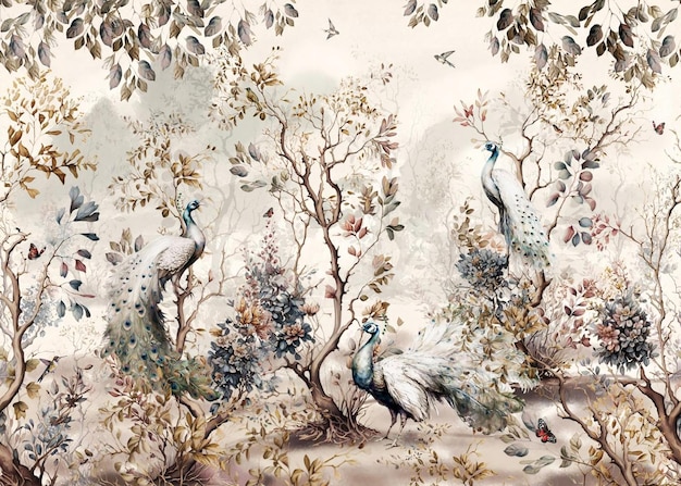 Zdjęcie wzór tapety z białymi pawimi ptakami tłem z drzewami roślinami i ptakami w stylu vintage