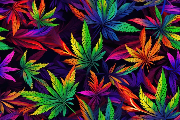 wzór tekstury z liśćmi marihuany konopi na jasnym psychodelicznym neonowym tle