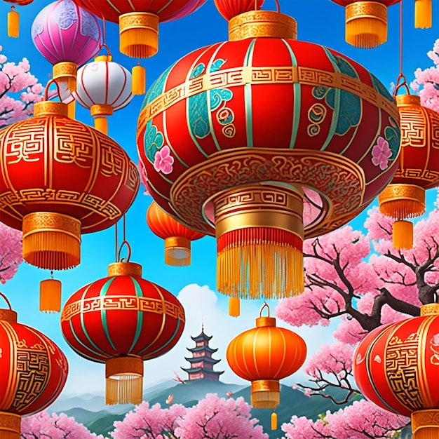 wzór tradycyjnych chińskich latarni z ich jasnymi kolorami i delikatnymi szczegółami wywołującymi