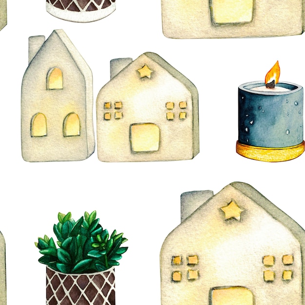 Wzór Wosk candlt ceramiczne domy latarnie domowa roślina Akwarela ilustracja wnętrze salonu Klipart Elementy wystroju domu na białym tle