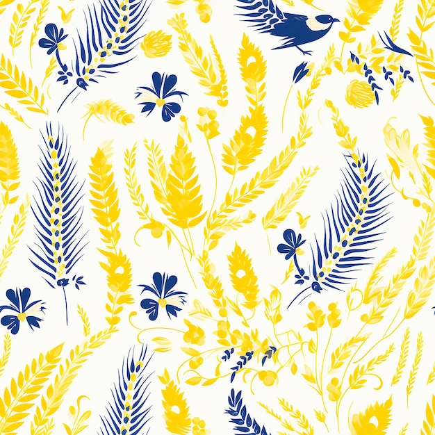 Wzór wykorzystujący haft ukraiński z motywami rąk łodyg pszenicy łez ptaków w kolorze żółto-niebieskim i białym