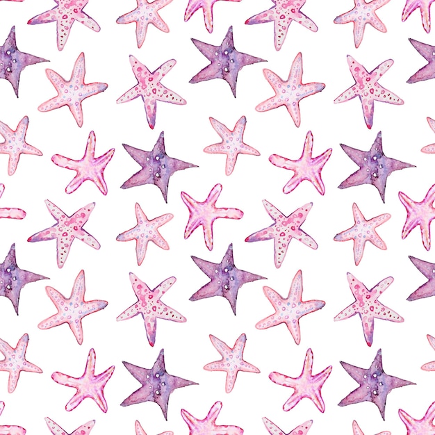 Zdjęcie wzór z akwarela fioletowych gwiazd morza na białym tle. ręcznie rysowane tekstury w letnim motywie.
