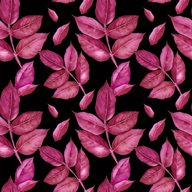 Zdjęcie wzór z akwarela fioletowymi liśćmi ręcznie rysowane szkic ilustracji botanicznej na czarno