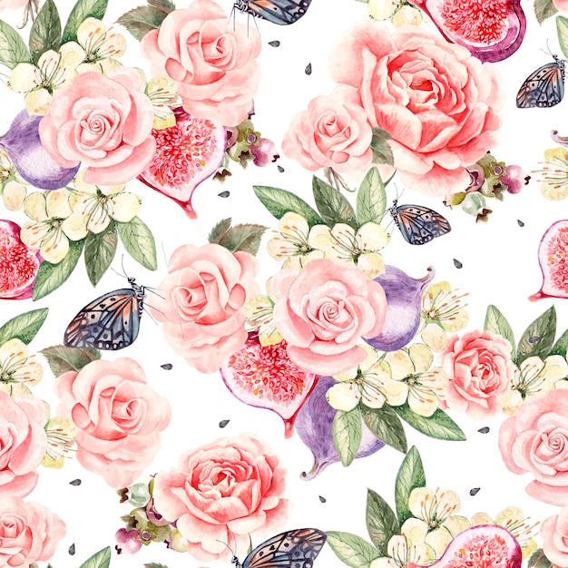Wzór z akwareli realistyczne róże motyle i figi ilustracja