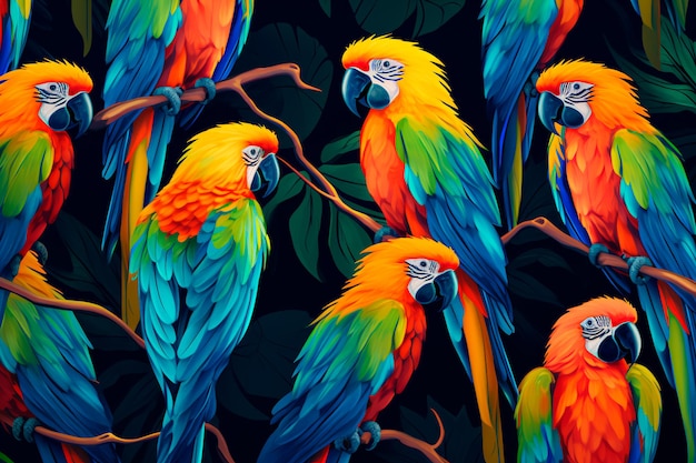 Wzór z kolorowymi papugami Tapeta papugowa w tle AI Wygenerowano