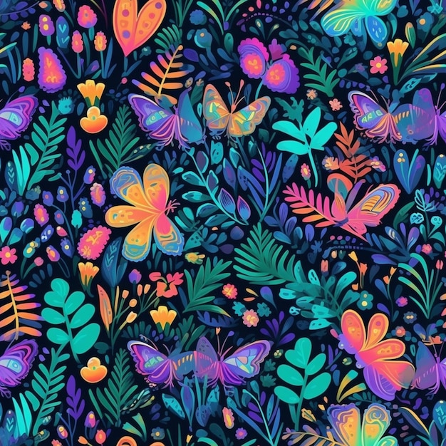 Wzór z motyli i kwiatów na ciemnym tle.